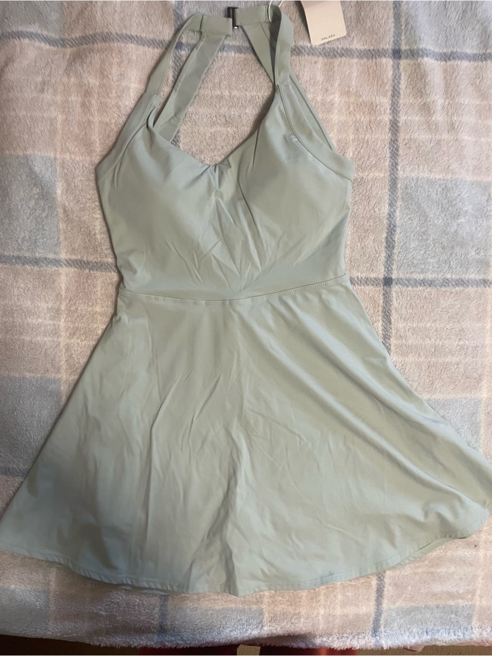 HALARA Mint Green Halter Fit & Flare Mini Dress with Built in Shorts